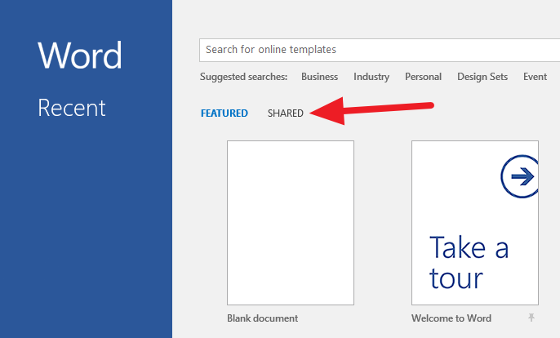 Screenshot from Word. Arrow points to Shared.